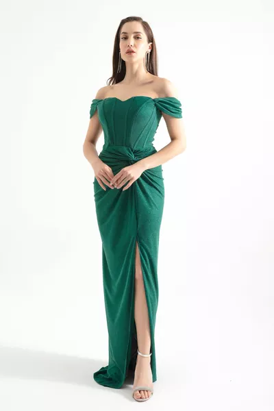 Женские изумрудно-зеленые двубортные корсеты на подкладке длинные вечерние платья с блестками