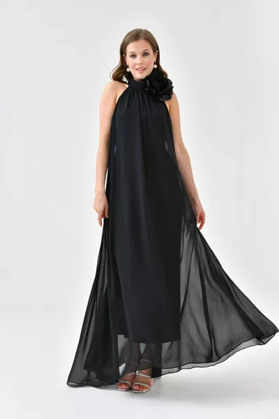 Schwarzes langes Abendkleid aus Chiffon mit Rose und Details für Damen 