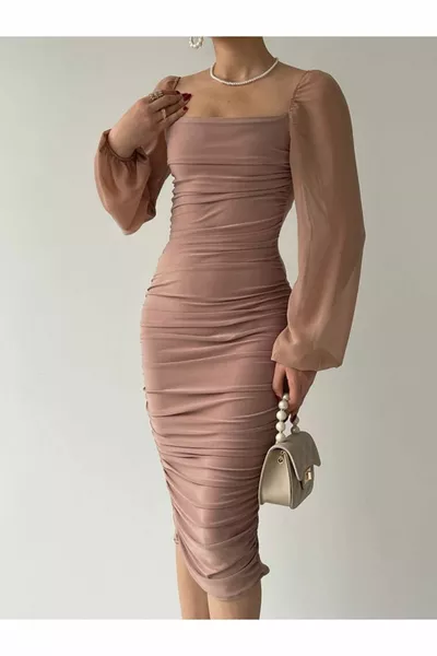 Drafe Sandy Square Neckline, Powder Dress, Sleeve Chiffon