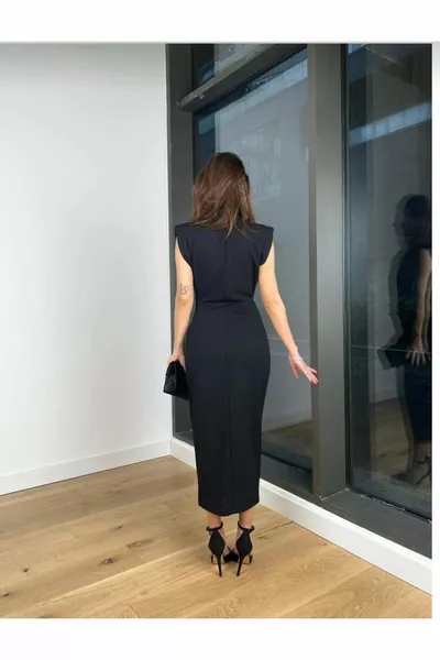 أسود بسط النسيج بروش مفصلة ميدي طول مساء اللباس مبطن التخرج اللباس 