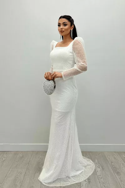 Silbernes Fischkleid aus Tüllstoff mit quadratischem Ausschnitt - WEISS