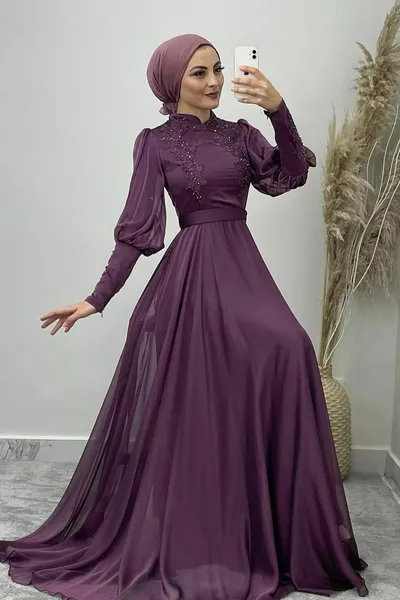 Ръкав и гърдите бродирани Janjan хиджаб вечерна рокля - слива