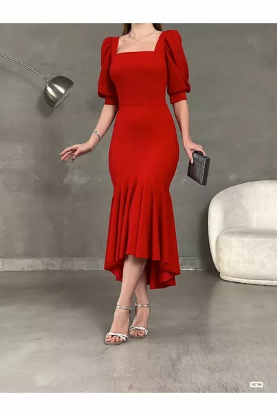 الأميرة كم تنورة انتفخ مربع الرقبة ميدي طول كريب النسيج مساء اللباس الزفاف الخطوبة دعوة الوعد