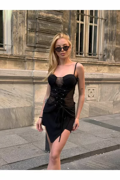 Женское черное короткое платье из тюля с ремешком Cross Tie Glop