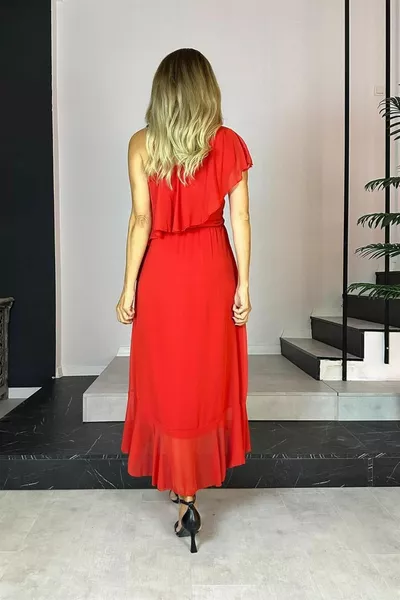  Strap Dettagliato Abito In Chiffon Fiore Di Melograno