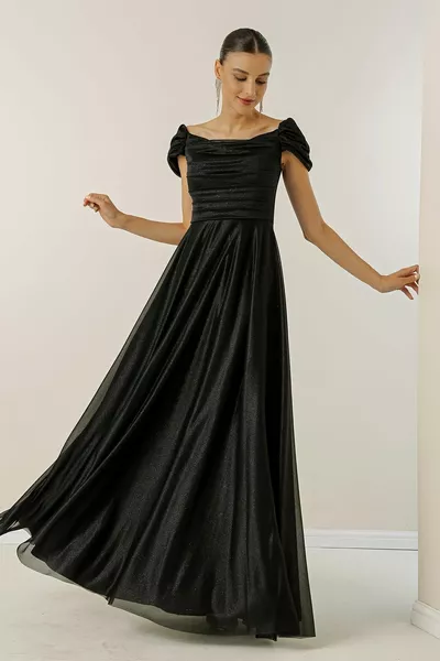 Madonna Ausschnitt Drop Sleeve Vorderseite Drapiertes gefüttertes langes Glitzerkleid