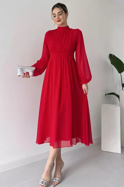 Lined Chiffon Fabric Stand Neck Flared Cut Long Sleeve Midi Length Red Evening Dress 
