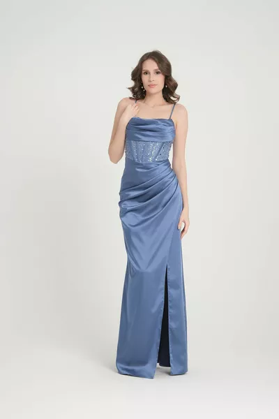 KADIN SATEN İP ASKILI DEGAJE YAKA PAYETLİ UZUN YIRTMAÇLI ABİYE ELBİSE