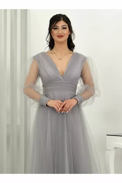 فستان سهرة Zeren Tulle برقبة على شكل V رمادي