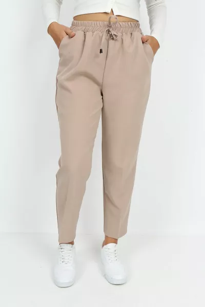 المرأة البيج نسيج مزدوج مطاط الخصر ضيق الساق السراويل