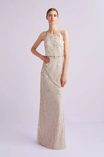 الوردي الفاتح الرسن الرقبة 3D فستان مساء طويل