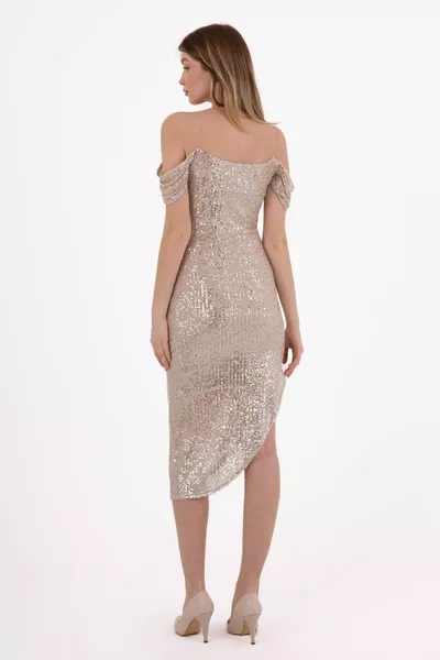 Gisele | Degaje Collar Low Sleeve Transparent Strap Draped Sequined Midi Strapless Evening Dress - Beige