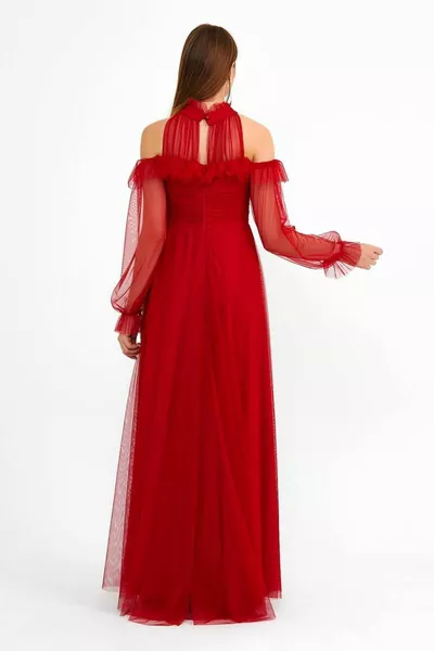 المرأة الأحمر تول الرقبة الأكمام خزان اصطف تول طويل مساء اللباس