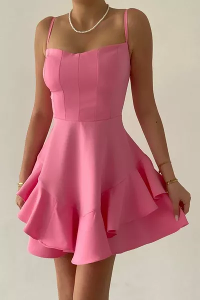 Atlas stof dunne Strappy rok vouw Detail poeder roze avondjurk poeder roze graduatie jurk 