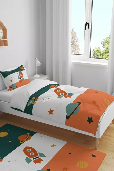 Retro Green Orange Spacecraft Pattern Single Bed Baby Kids Duvet Cover Set