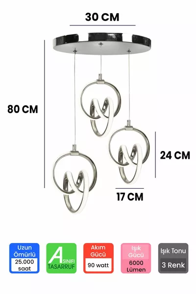 Lampadario LED con 3 luci, corpo cromato, dimmer, telecomando e tre colori - Lampadario LED firma 3 luci
