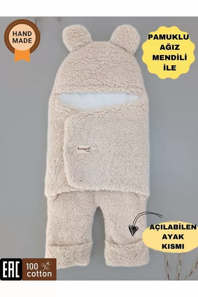  Month Plush Welsoft Fiber Ear-Hooded Mink Outer Baby Swaddle & Blanket Winter Sleeping Bag