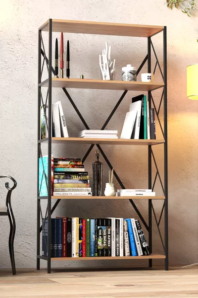Decoratieve boekenplank met 5 planken, brede metalen boekenplank, archiefboekenplank, kantoor- en woonkamerplank  cm, zwart walnoot
