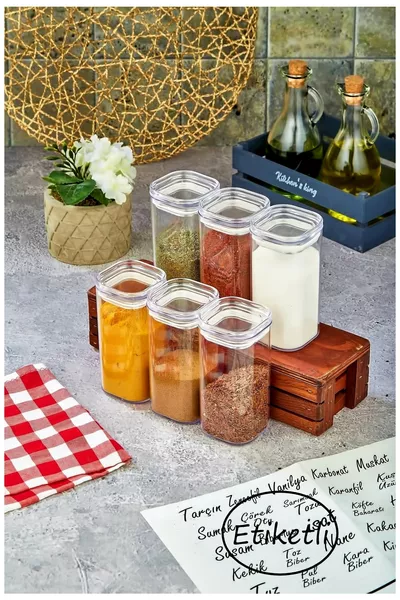 6'lı  Ml Akrilik Baharatlık Seti Saklama Kabı (şeffaf Etiketli)