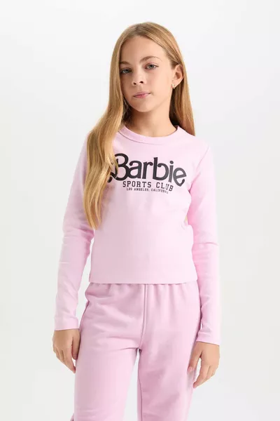 تيشيرت طويل الأكمام للفتيات بشريط ضيق وياقة دائرية مطبوع من باربي AU