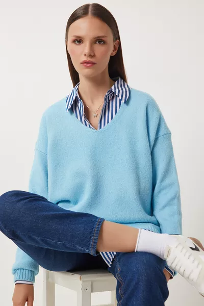 Pull en tricot à col en V femme bleu clair 