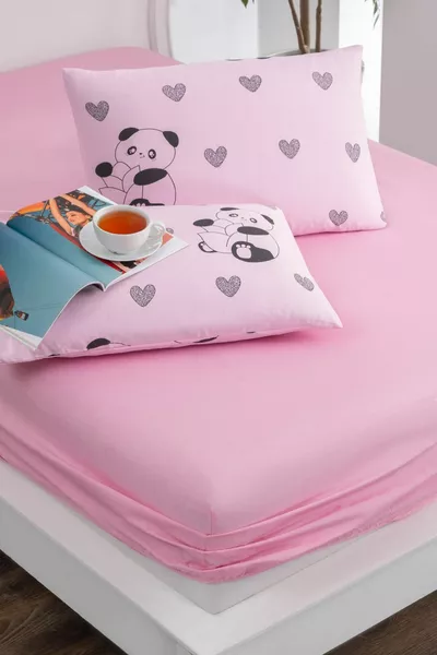 Roze Panda Print Stof Met Elastische Hoeslaken Set Met Kussens