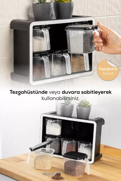 Ensemble de 6 épices en noir avec support, étiquettes sérigraphiées blanches, cuillères autocollantes