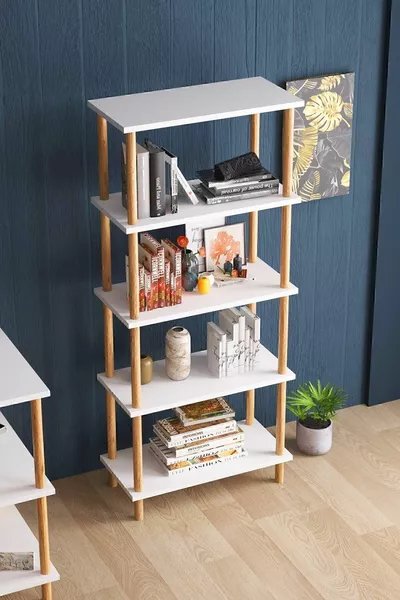 Декоративен дървен етажерка с 5 рафта на крака - бял