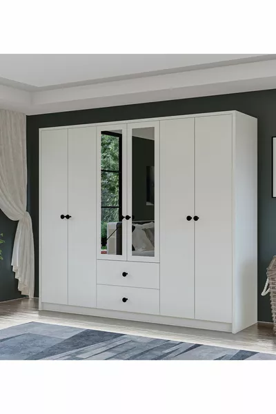 Armadio con specchio GM Lüx, 6 porte, 2 cassetti e maniglie a bottone