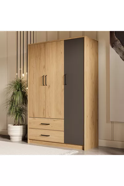 Большой современный шкаф с 3 дверцами и 2 ящиками, корзина - антрацит