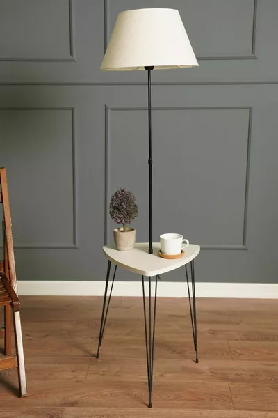 Осмеан Декоративен Метален Подов Нощен Лампион с Маса Дърво Пясъчен Беж 