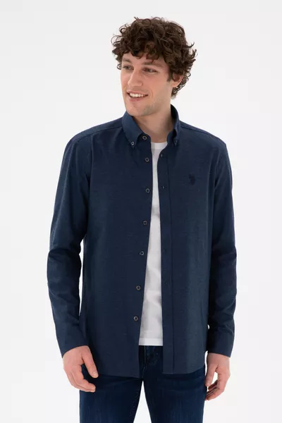 Мужская тёмно-синяя базовая рубашка с длинным рукавом 