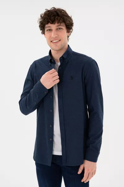 Мужская тёмно-синяя базовая рубашка с длинным рукавом 