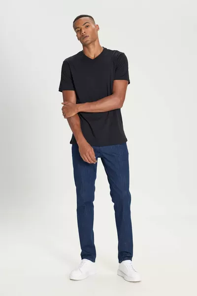 T-shirt da uomo % cotone con scollo a V nera slim fit