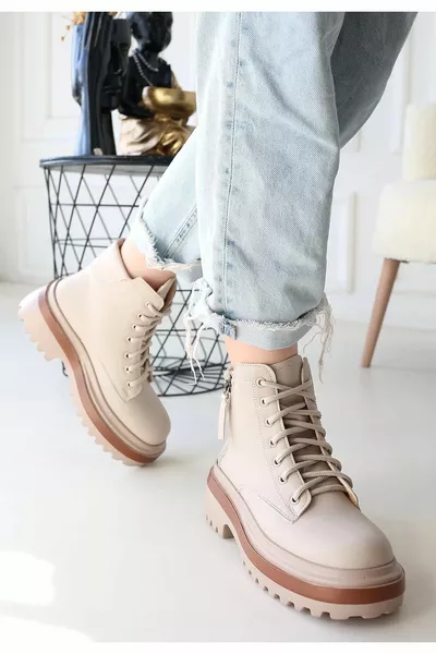 Jinya Stivali stringati in pelle beige