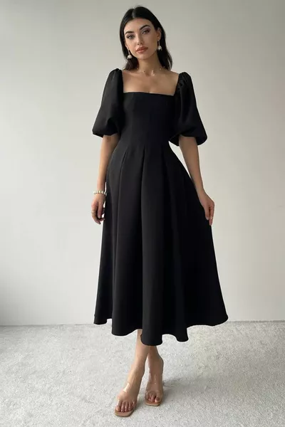 Atlas Tissu Sans Bretelles Col Plissé Coupe évasée Longueur Midi Manches Courtes Ballon Robe de soirée noire 