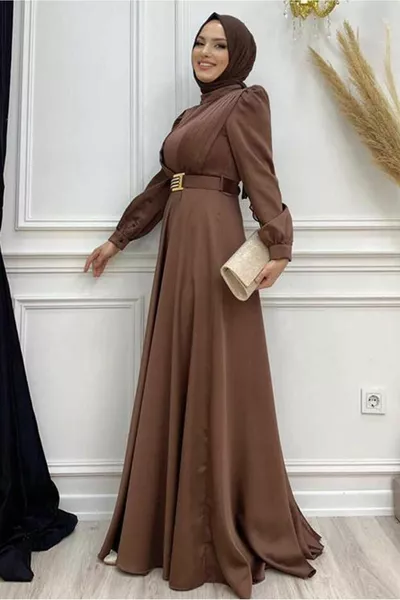 Women's Brown Belted Drape Detailed Satin Evening Dress T 