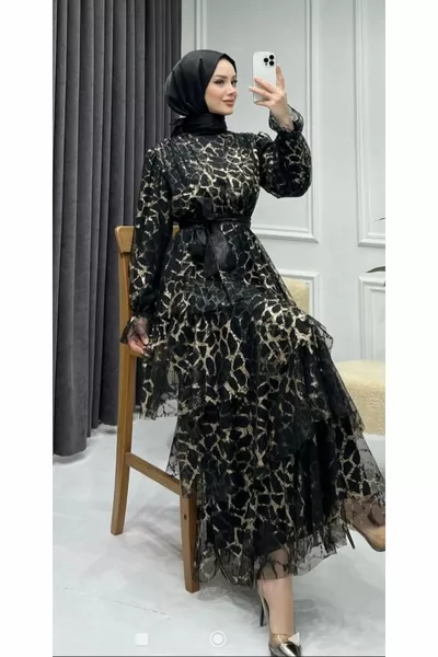 Layered Leopard Evening Dress with Belted Waist