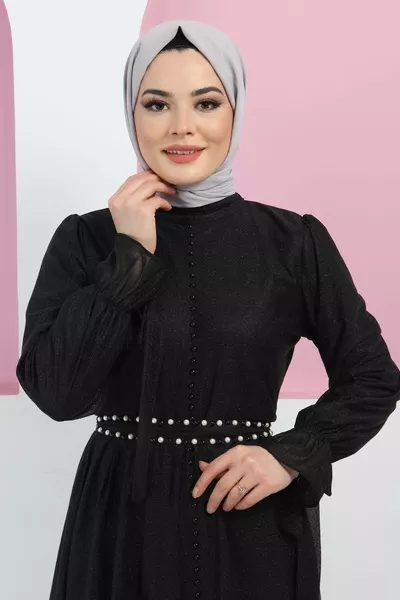 Pearl Detailed Glitter Evening Dress Black