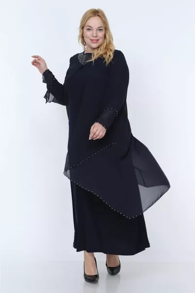 Бродирана от камък и мъниста шифон тъмносиня вечерна рокля