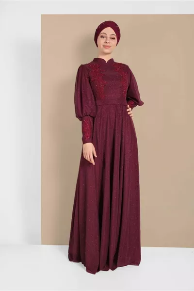 Women's Burgundy Guipure Detailed Glitter Evening Dress 
