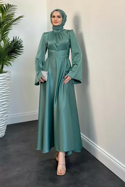 Виолетова испанска ръкав вратовръзка сатенена рокля Aqua Green