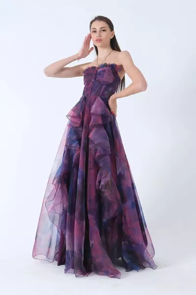 Jupe fendue à col bustier pour femmes Robe de soirée violette à volants