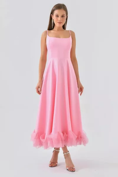 Жените памук атлас плат пола тюл подробни тънка каишка Midi дължина розова вечерна рокля 