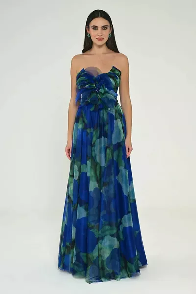 Alpha Beta Patterned Strapless Sax Women's Evening Dresses 