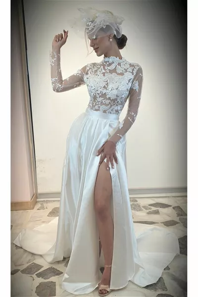 ? Дизайнерска детайлна бяла макси сватбена рокля и афтърпарти и сватбена рокля