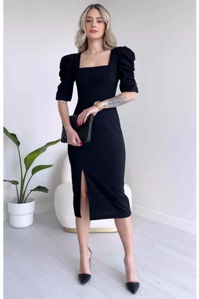 Flexible Fabric Square Neck Midi Length Short Sleeve Black Evening Dress & Graduation Dress