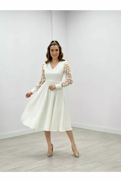 Двойни ръкави от плат 3D рокля на цветя - бяла