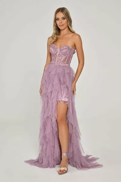 Strapless taille transparante gelaagde tule rok lange jurk