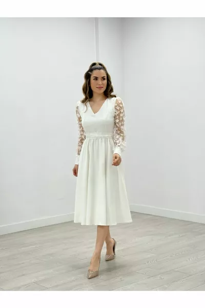 Двойни ръкави от плат 3D рокля на цветя - бяла